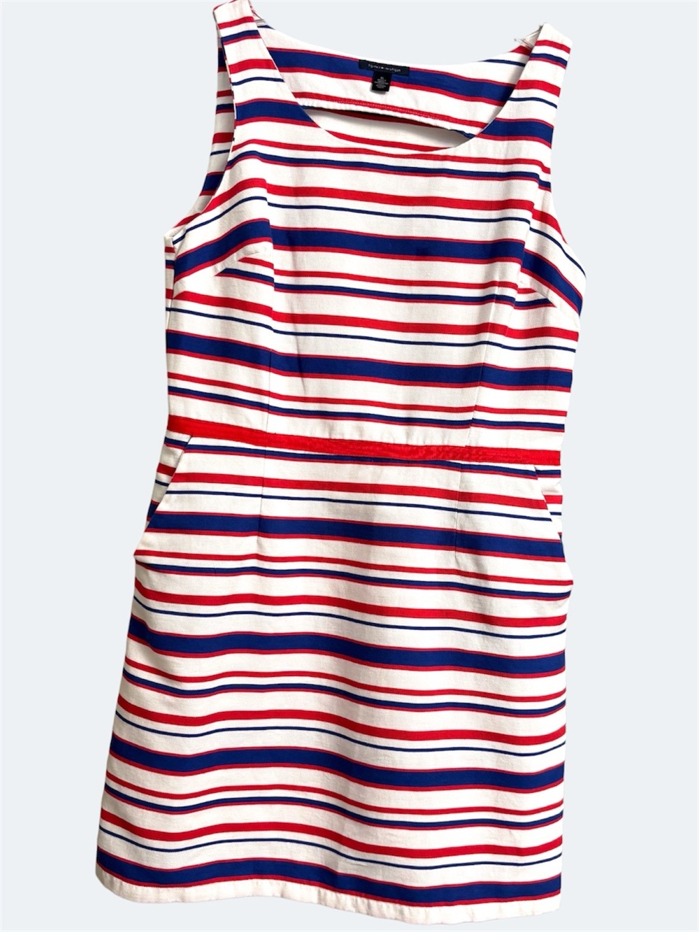Tommy Hilfiger Red White Blue Striped Cotton Scoop Neck Pocket Dress Size 16